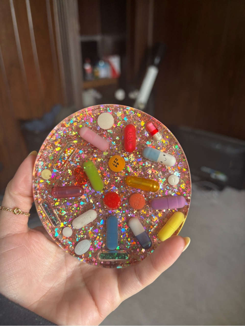 Resin Glitter Pill Coaster - Colorful Capsule Design